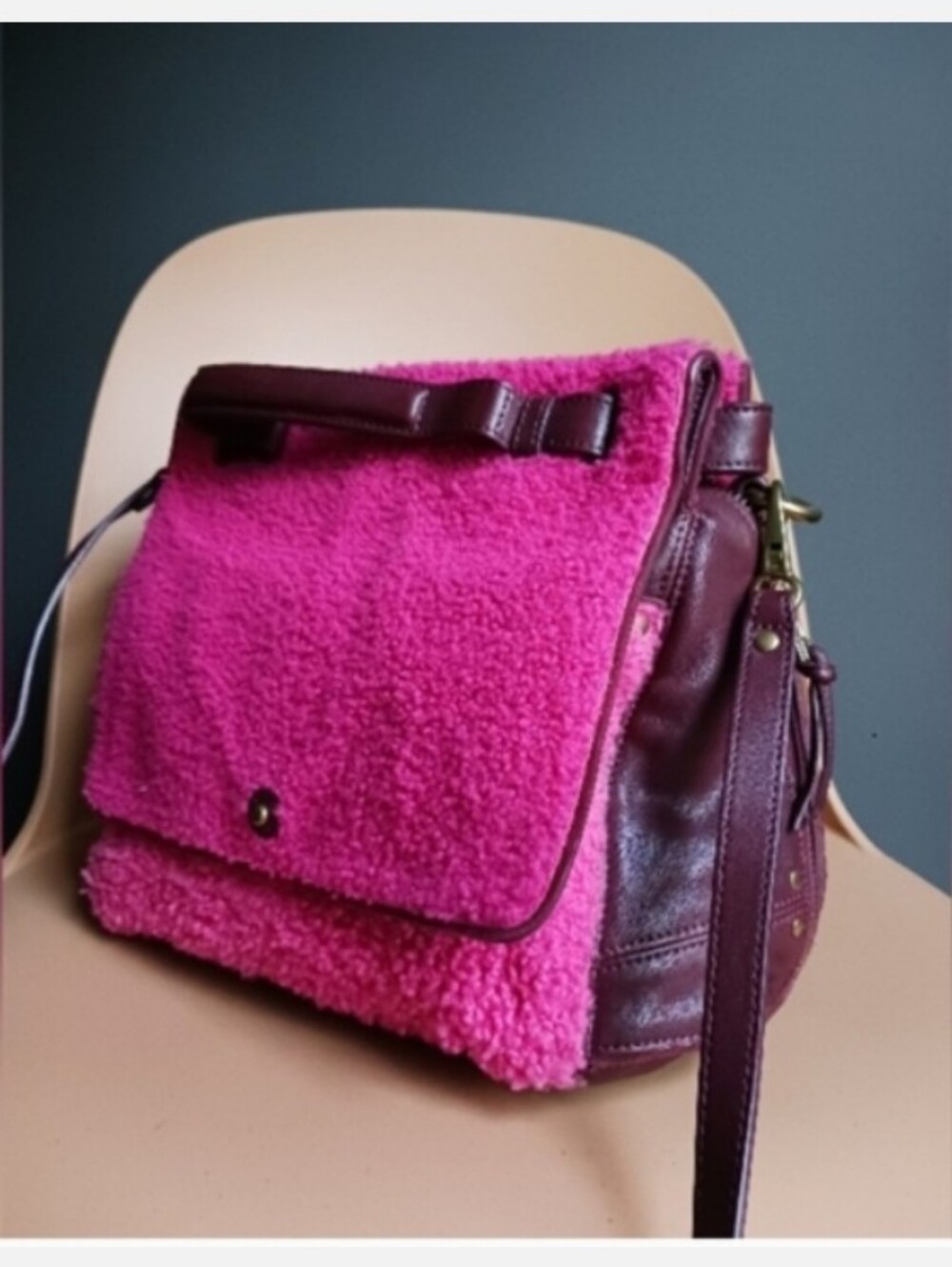 Jerome Dreyfuss Johan Pink Sherpa/ Burgundy Leather Crossbody Bag.